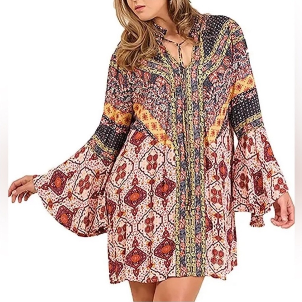 Umgee Daydream Believer Berry Mix Multi Print Boho Tunic Mini Dress Gypsy Flowy
